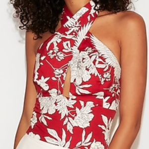 Red & White Floral Halter Crop Top
